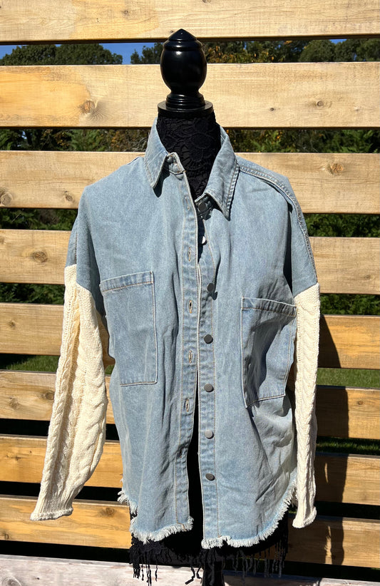 Denim Jacket with cable knit sleeves