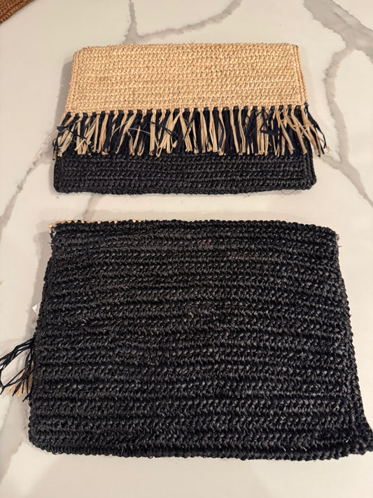 coco crochet straw clutch- black