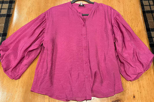 Puff Sleeve Button Down Blouse-Magenta