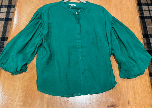 Puff Sleeve Button Down Blouse- Green