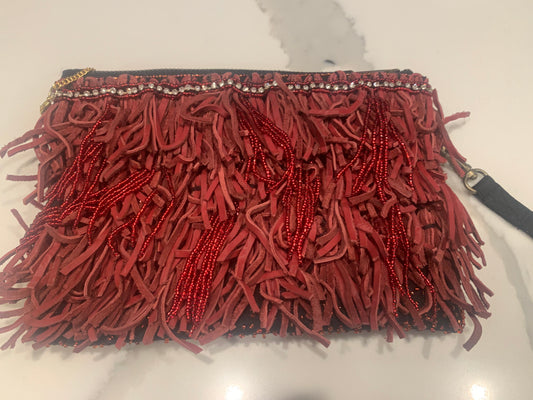 Leather and beaded fringe crossbody bag- Red