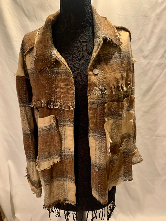 Shacket with Fringe-brown combo