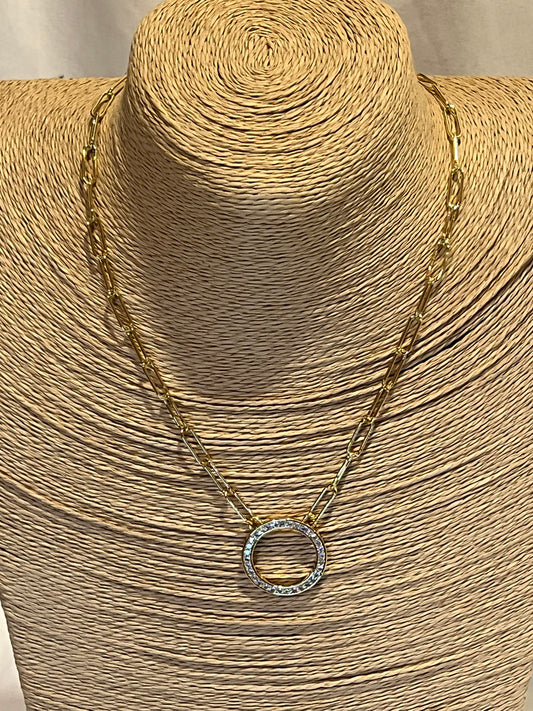 gold paperclip link necklace with Pave Circle