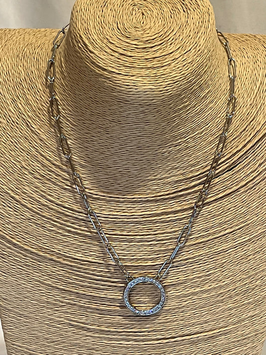 Silver Paperclip link necklace with Pave Circle