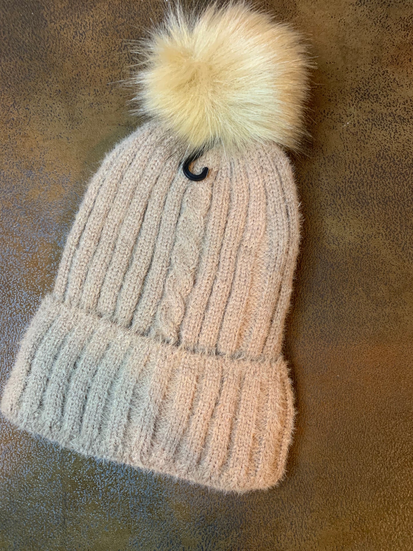 Pom Pom Knit Hat-Khaki