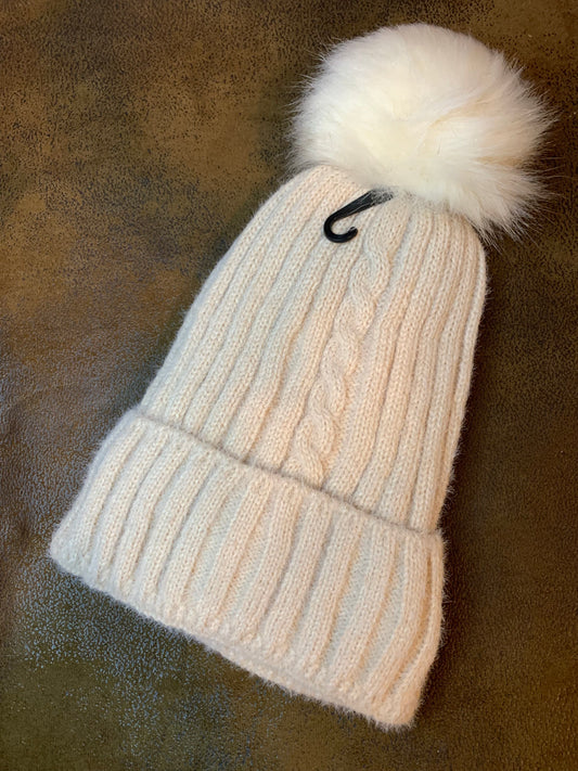 Pom Pom Knit Hat-Ivory